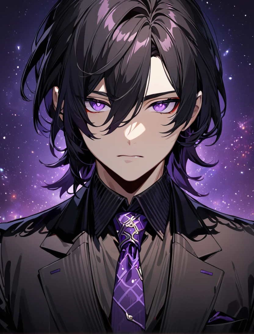 (black_hair), (long_male_hair), (deep_purple_eyes), (high_detailed_eyes), (attractive), (emotionless), (Deep_space_background), (male), (wearing _a_black_suit), (long_male_hair), (detailed_Hair), (detailed), (detailed_mouth), (close_up), (vertical_slit_pupils), (in store)