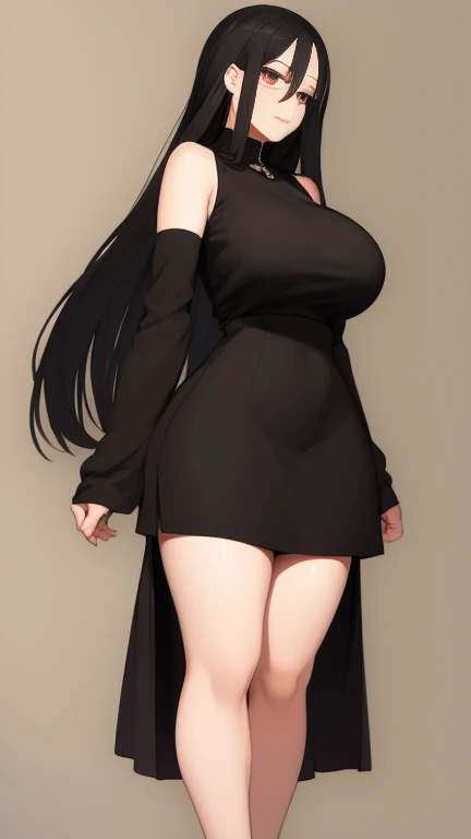 A girl has large breasts and long black hair and is wearing her black dress 