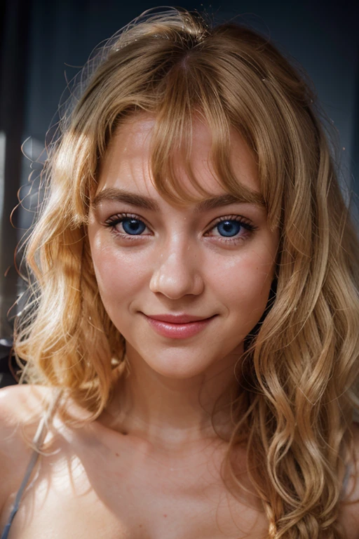 blond curly hair, hair ties, gasp, long eyelashes, solid circular eyes, , light appealing smile, face blush, surrealism, drop shadow, anaglyph, stereogram, tachy-e, atmospheric perspective, 8K, super detail, accurate , better quality