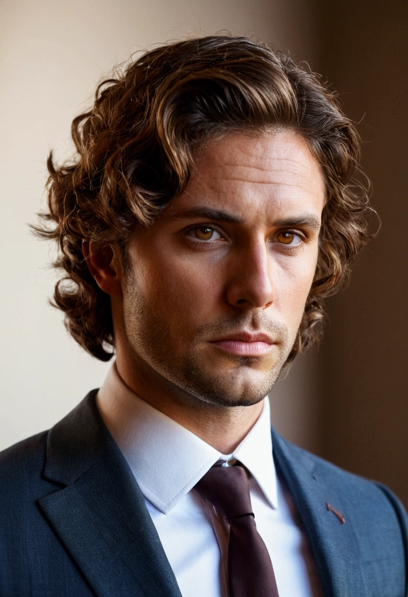 Short brown Wavy hair, russet eyes pensive looking 30 year old handsome man in a suit