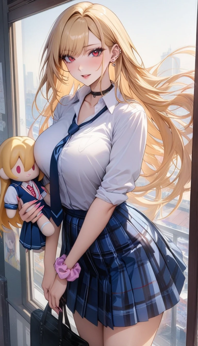 masterpiece, best quality, very aesthetic, absurdres, 1girl, mature_lady, hold a doll, doll, hug a doll,,Marin Kitagawa, long hair, blonde hair, red eyes, piercing, earrings, ear piercing, stud earrings, black choker, loose necktie, school uniform, white collared shirt, blue skirt, pleated skirt, plaid skirt, wrist scrunchie, long fingernails, pink nails, nail art,,beside window,floating_clothes