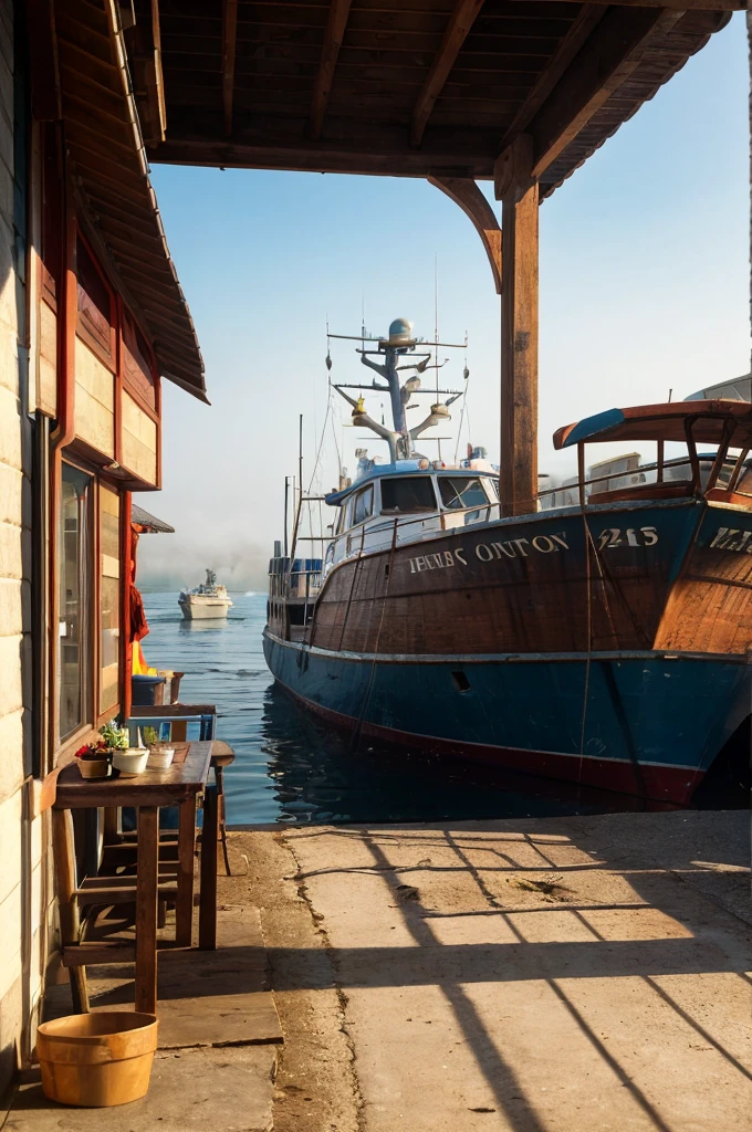 In a semi-realistic style, a fishing port scene. The port features detailed wooden tables and glossy ceramic cups in a small seaside café. A textured stone path winds through the bustling market, filled with fresh catches. Soft shadows, sunlight reflections, and dappled light through fishing nets create a dynamic atmosphere. Gentle waves lap at the docked boats, with misty morning fog adding to the ambiance. Use anime style 50% and realistic details 70%, with vivid colors and a warm palette. Emphasize intricate textures, highlight facial features, and enhance background details. This 8K quality image, with ray tracing and perfect shading, captures a truly detailed and vibrant fishing port.