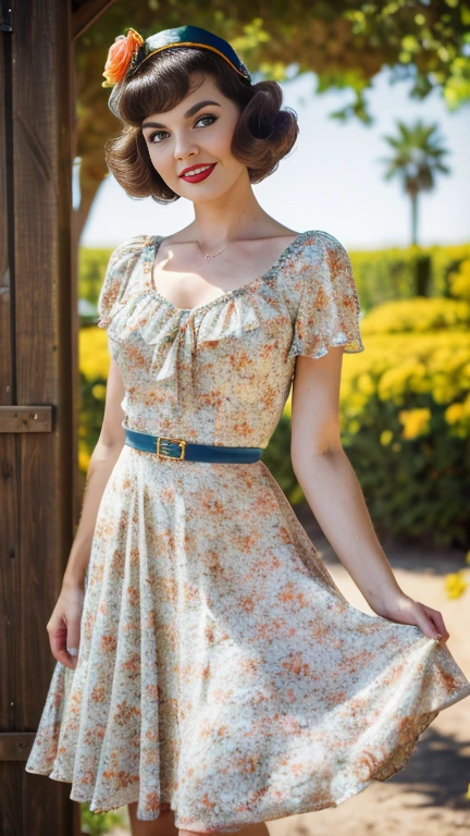 photo and gross. Karen Anne Carpenter, Swing Dress Outfits, vintage dress with flowers, 22 years old, perfect body, 40's, perspective, half body detail, sharp focus, light mix, detail, 70's, (high skin detail: 1,2), 8k hd, DSLR, Luz outfit, high quality, Fujifilm XT3 Grainy Films.