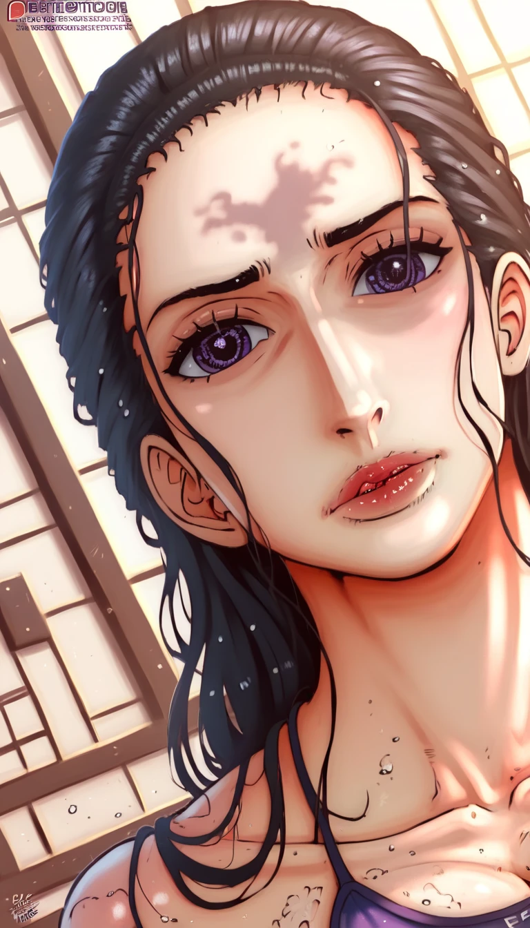 (masterpiece, best quality:1.2), Nico Robin, black hair, extra large breasts, torn bikini, purple eyes, 1girl, thick butt, open-toe platform high heels, dirt road, countryside, masterpiece, best quality, absurdres, highres, 4k, ray tracing, perfect face, perfect eyes, intricate details, highly detailed, (best quality:1.33), (masterpiece:1.42),(semi realistic:1.3), (detailed:1.15),(skin details), Dappled Light, analog style (look at viewer), (skin texture), (realistic texture skin), cinematic light, side lighting, ultra high res, best shadow, RAW, (Dutch angle:1.1), lightroom, cinematic, hdr, raw, (intricate:1.4), high quality, soothing tones, intricate details, extremely high quality RAW photograph, detailed background, intricate, Exquisite details and textures, highly detailed, ultra detailed photograph, warm lighting, 4k, sharp focus, high resolution, detailed skin, detailed eyes, 8k uhd, dslr, high quality, film grain, Fujifilm XT3, 
 Rainy Day: The diffused light and wet surfaces on a rainy day can create a moody and atmospheric environment, perfect for capturing reflections and street photography.,