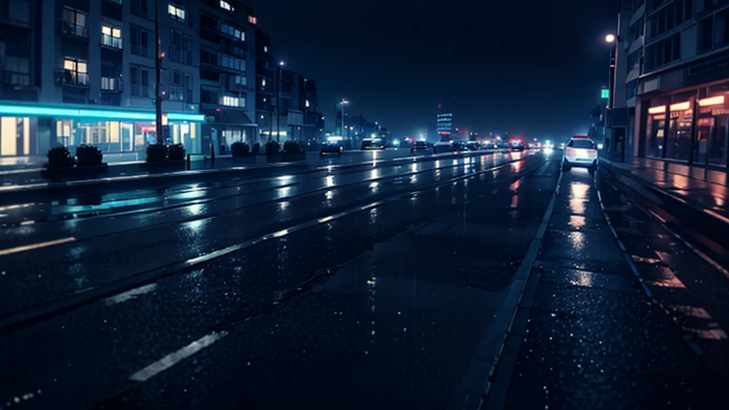 This photo shows、It captures the essence of a rainy night in the city., Where city lights reflect off puddles and make the streets sparkle. The silence of the rain creates a special atmosphere., The outlines of buildings and cars on the street are softly highlighted under the night lights.. From the balcony, This perspective offers a cinematic view of the city, Highlights the unique beauty of wet streets at night, Raindrops add a magical touch to the cityscape.