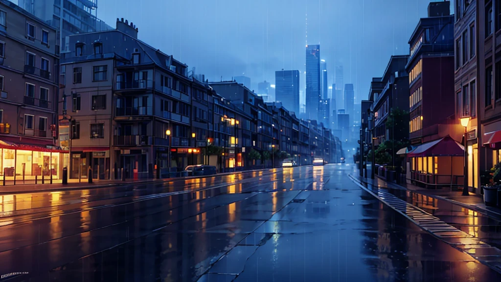 This photo shows、It captures the essence of a rainy night in the city., Where city lights reflect off puddles and make the streets sparkle. The silence of the rain creates a special atmosphere., The outlines of buildings and cars on the street are softly highlighted under the night lights.. From the balcony, This perspective offers a cinematic view of the city, Highlights the unique beauty of wet streets at night, Raindrops add a magical touch to the cityscape.