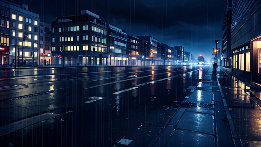 This photo shows、It captures the essence of a rainy night in the city., Where city lights reflect off puddles and make the streets sparkle. The silence of the rain creates a special atmosphere., The outlines of buildings and cars on the street are softly highlighted under the night lights.. From the balcony, This perspective offers a cinematic view of the city, Highlights the unique beauty of wet streets at night, Raindrops add a magical touch to the cityscape.