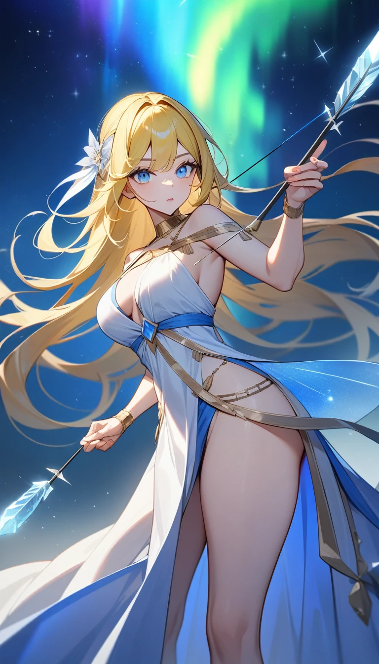 (Huang Li、high quality、Extremely detailed),Constellation-Sagittarius Goddess,Huge bow,Woman shooting arrows,Similar to Latin goodness,brave,capricious,Productivity,The face of enterprising and humanitarianism,Long yellow hair,Ancient Greek costumes、Wrap Dress,Conservative clothing,The background is the aurora,Crystal blue eyes(Eyes Details),Powerful appearance, Correct anatomy