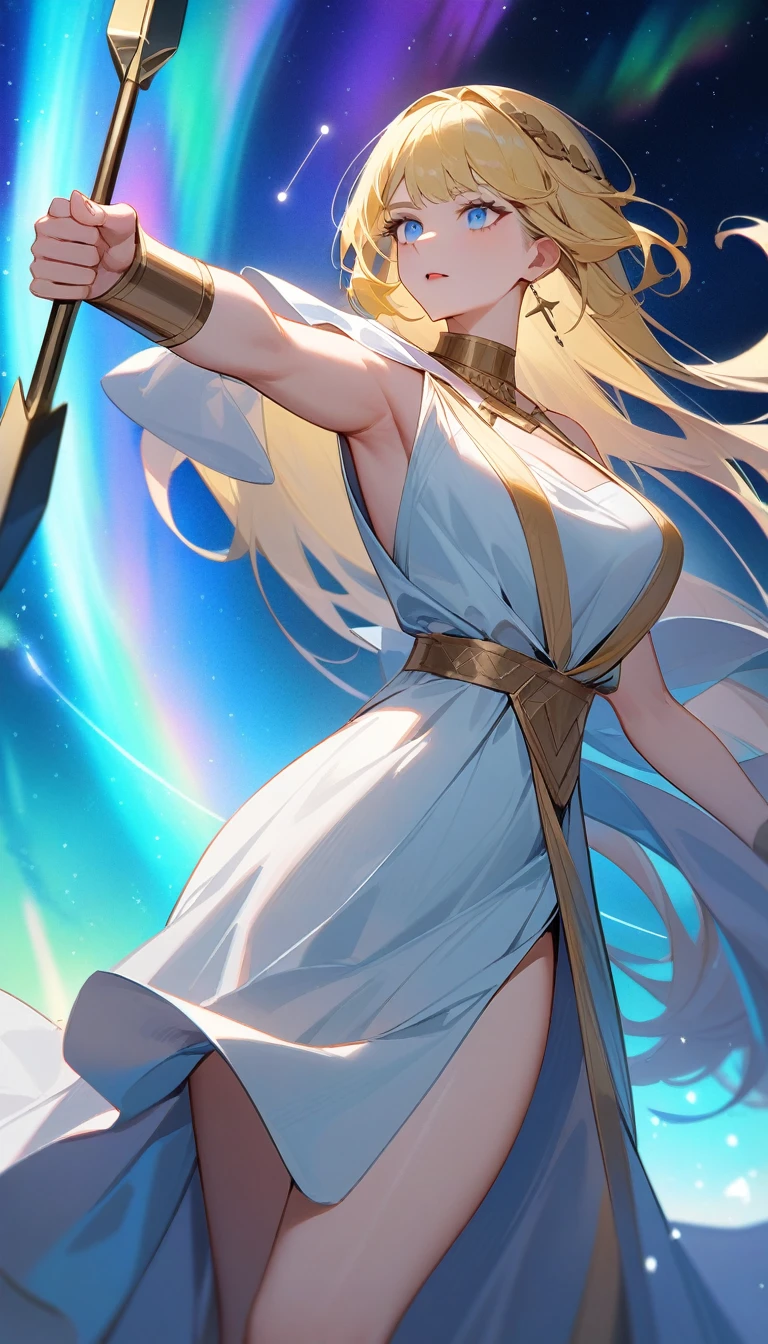 (Huang Li、high quality、Extremely detailed),Constellation-Sagittarius Goddess,Huge bow,Woman shooting arrows,Similar to Latin goodness,brave,capricious,Productivity,The face of enterprising and humanitarianism,Long yellow hair,Ancient Greek costumes、Wrap Dress,Conservative clothing,The background is the aurora,Crystal blue eyes(Eyes Details),Powerful appearance, Correct anatomy
