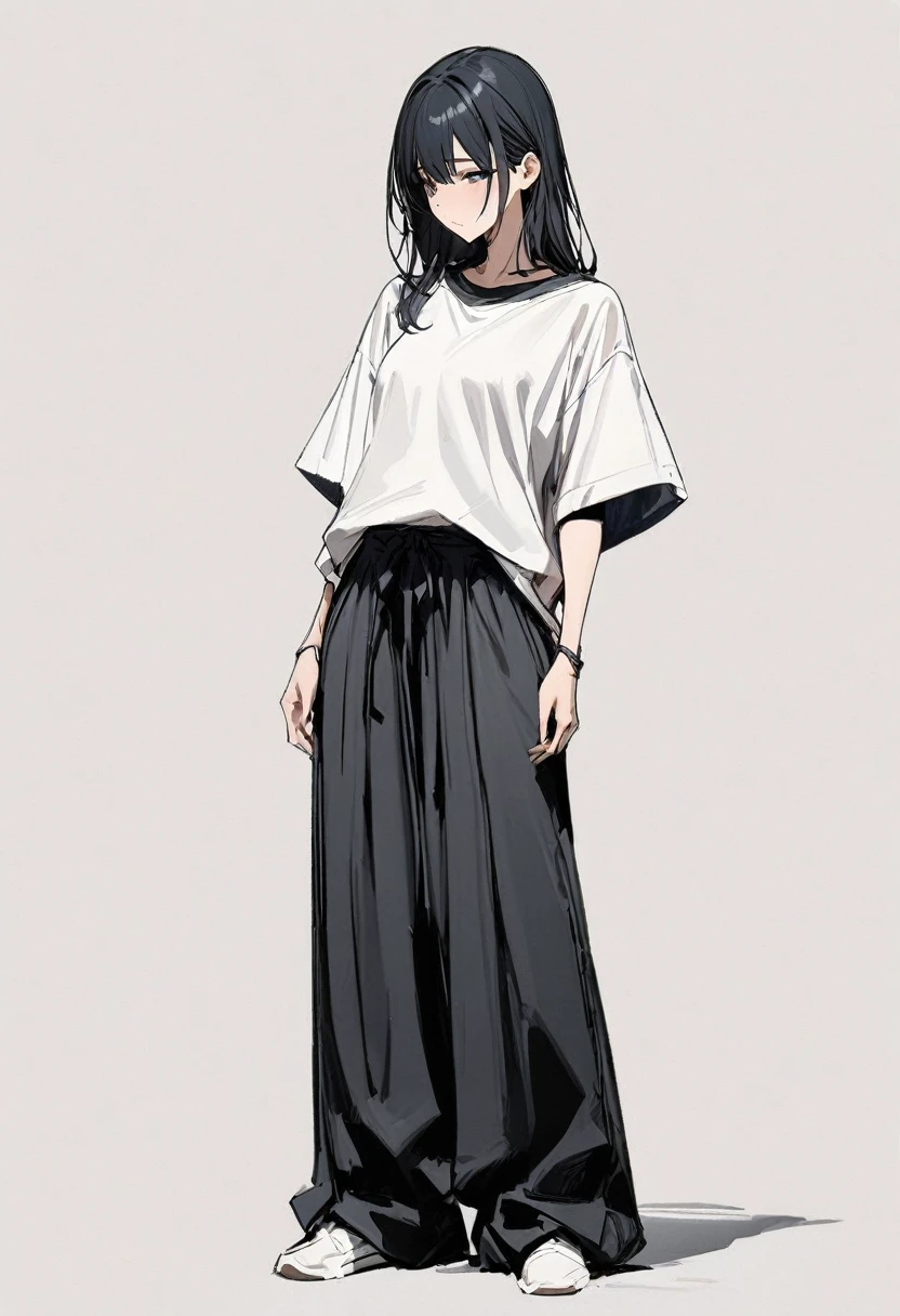 (masterpiece, Highest quality:1.2), 1 Girl, alone, Loose-fitting short-sleeved T-shirt, Relaxed wide pants , whole body, Simple Background, Simple Background,