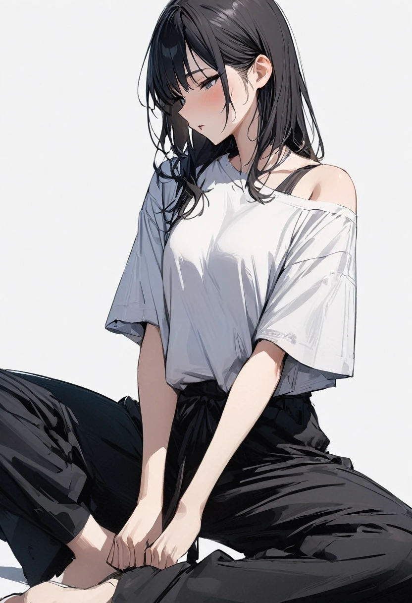 (masterpiece, Highest quality:1.2), 1 Girl, alone, Loose-fitting short-sleeved T-shirt, Relaxed wide pants , whole body, Simple Background, Simple Background,