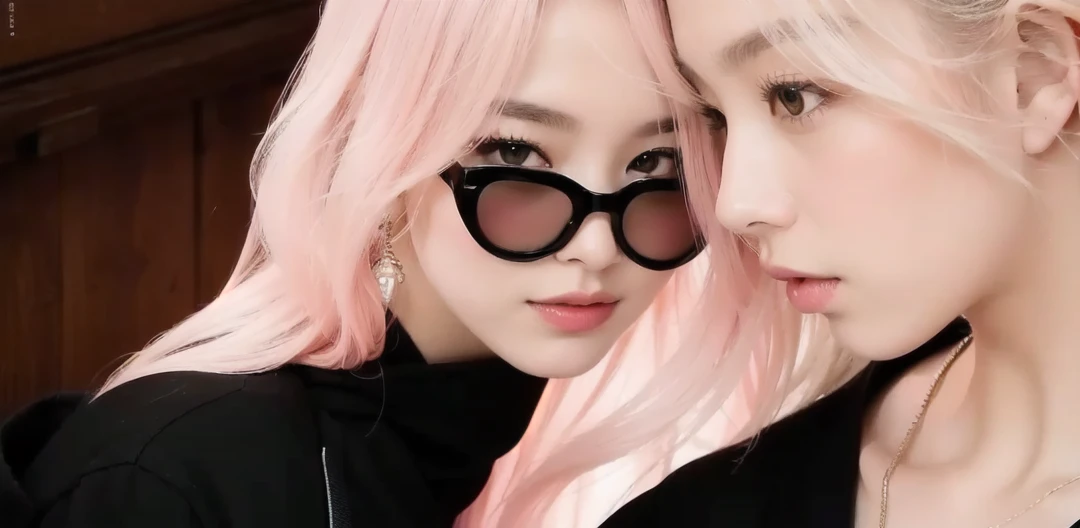 there are two people that are kissing each other in a picture, kissing together cutely, lesbian kiss, Typical Japanese look, semi realistic