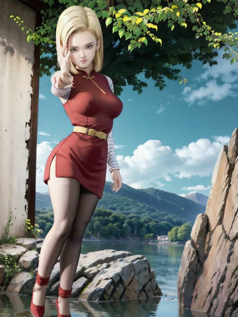 android 18,blonde hair,(((long hair))),blue eyes,(long slit red sexy cheongsam), (Red),looking at the audience,face smile,close-up,river,rock,tree,blue sky,high quality,masterpiece,sexy body, sexy Red Dress, red,perfect big breasts, Hyperrealistic intricate detail, Cinematic, 8K resolution, 70mm, Accent Lighting, Global Illumination, Full body portrait, clean detailed faces,