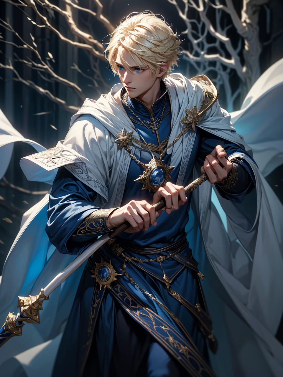 a man with blonde hair and blue eyes, wearing a blue shirt, short messy hair, a white cloak, holding a wizard's staff in both hands, full body, fantasy, detailed, realistic, highres, 8k, photorealistic, studio lighting, dramatic lighting, intricate details, cinematic, vibrant colors, epic scale