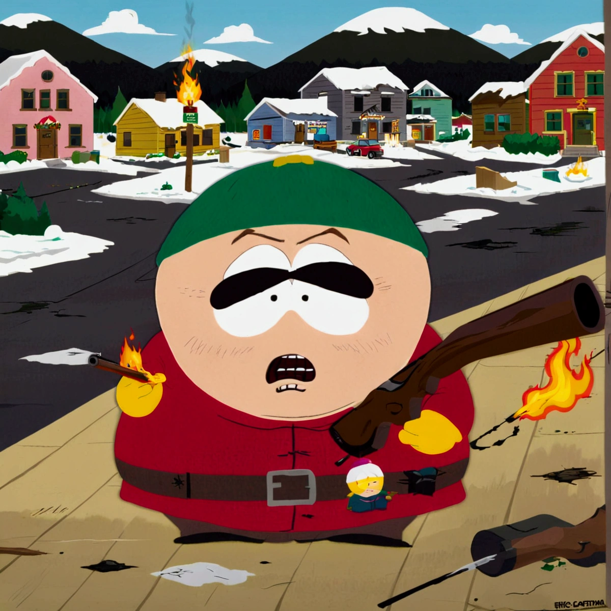 Biggest Eric Cartman, Circle Eye, Shotgun on Mouth, holding Shotgun, evil rage, Burn Town