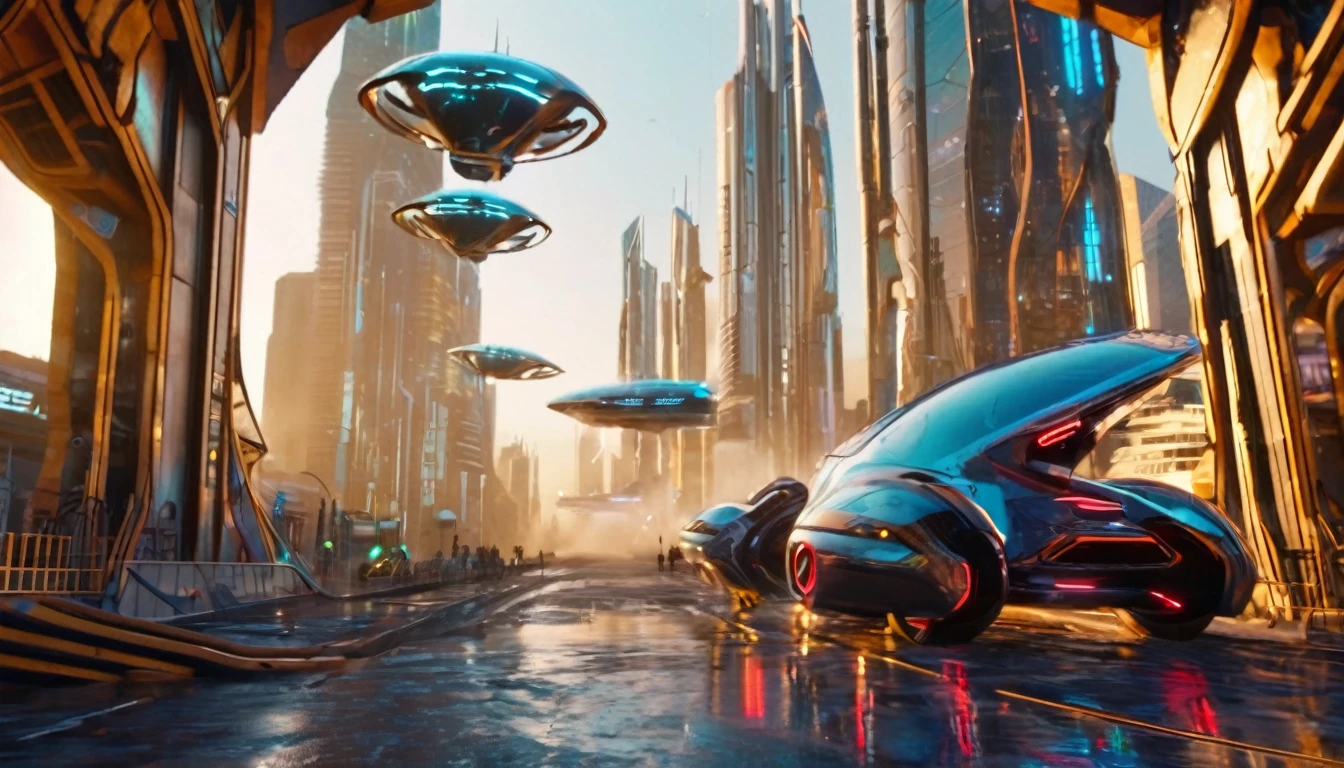 Scene out of 2060, futuristic city landscape, flying cars, great detail Cgi render, 8k