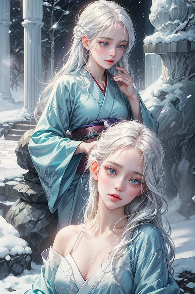 1 girl,snow spirit,japanese folklore,detailed face,beautiful detailed eyes,beautiful detailed lips,long eyelashes,white hair,ice blue eyes,detailed snowy landscape,intricate ice crystals,glowing ice magic,ethereal lighting,soft pastel colors,cinematic composition,award winning digital art