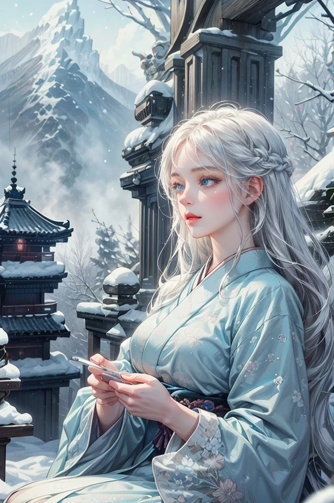 1 girl,snow spirit,japanese folklore,detailed face,beautiful detailed eyes,beautiful detailed lips,long eyelashes,white hair,ice blue eyes,detailed snowy landscape,intricate ice crystals,glowing ice magic,ethereal lighting,soft pastel colors,cinematic composition,award winning digital art