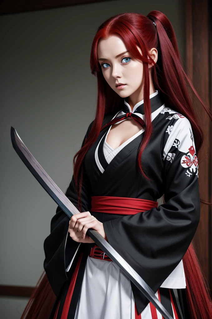 image from Kimetsu no yaiba Woman with long dark red hair with black layers and dull blue eyes and she has a red, black and white hunter outfit, her katana is red and white