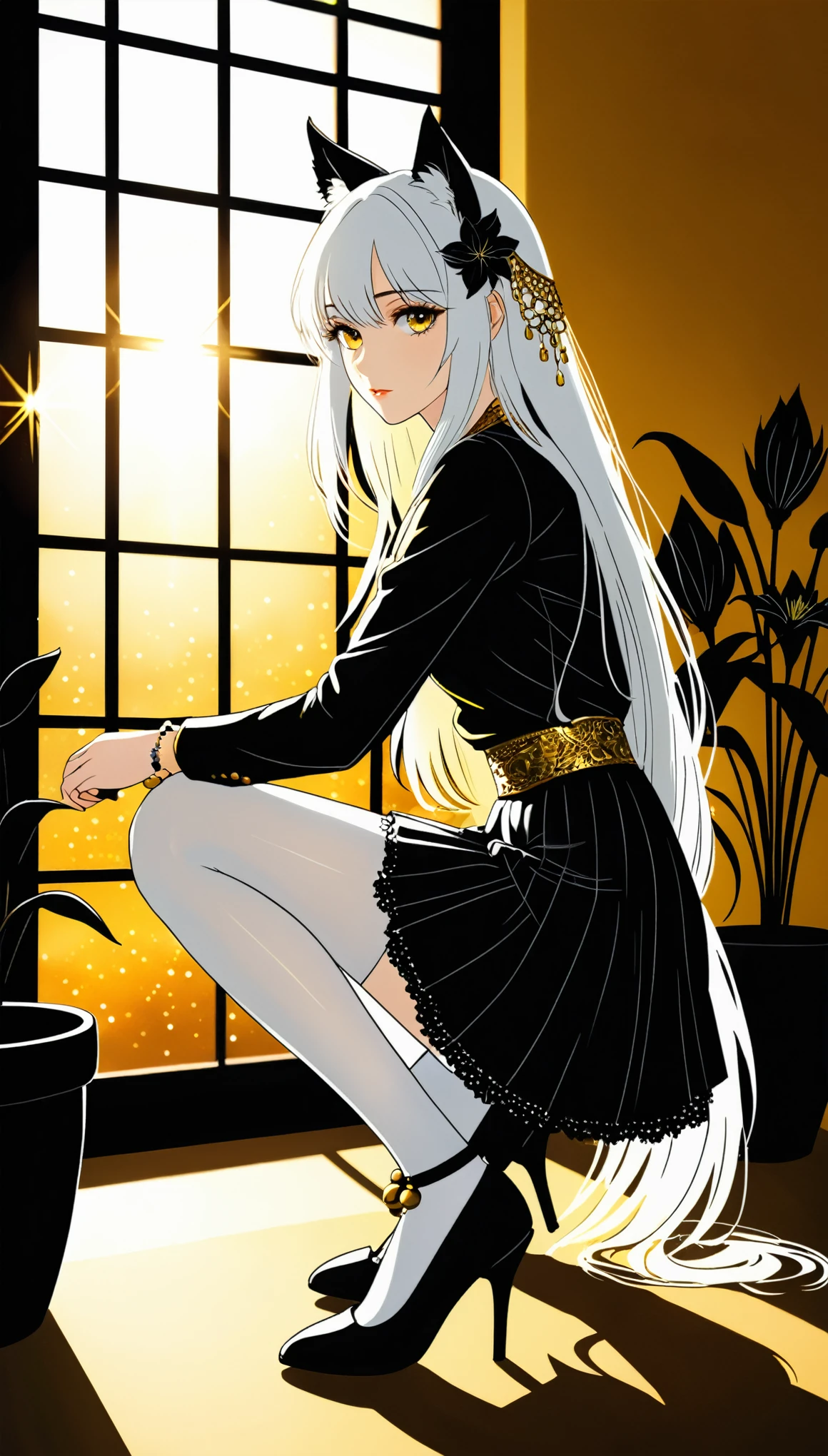 in style of Harry Clarke,1girl,Yellow shirt,black leather skirt,Squatting,(adjusting footwear:2), white Cat ear,transparent white stockings,Long hair falling down,The light from the window shines through my hair,from side,(spend a leg:1.3),tie,Small bell bracelet,heles,
BREAK
Looking at the audience,(White long hair:1.1),indoor,Yellow background,Background blur,Black Lily Flower Pot,Golden Hour,depth of field,chiaroscuro,sparkle,comic 2.5d hand-drawn style,trending on deviantart,(look at the viewer:2.2)