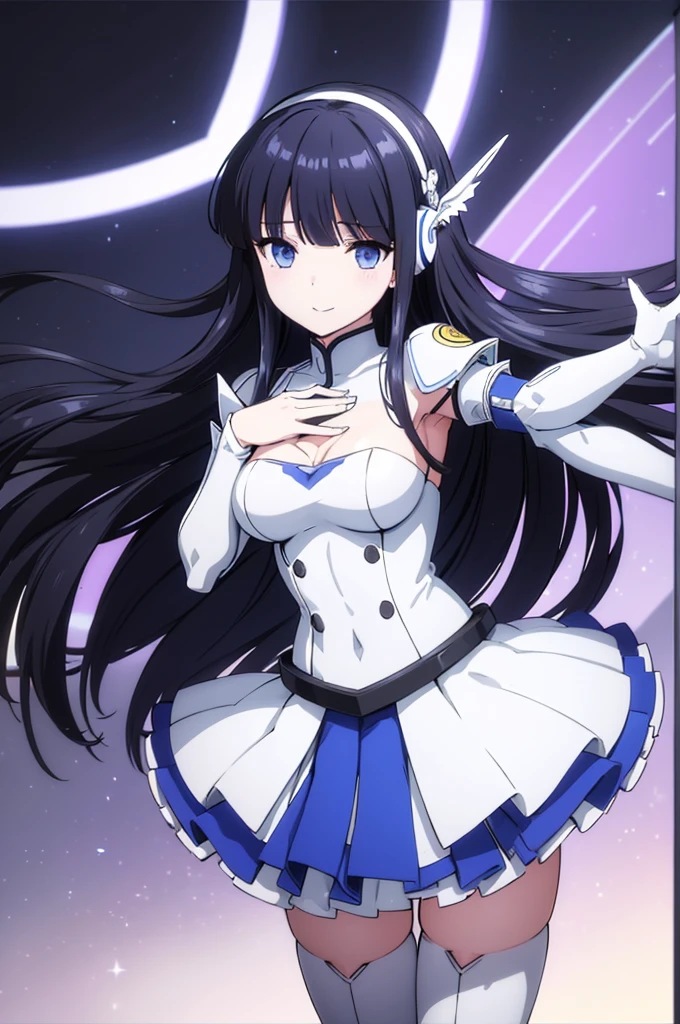 Mecha Wings、White and blue skirt、Accentuated thighs、White tights、chest、Beautiful black hair、1 girl、solo girl、Thick thighs、is、Frame Arms Girl、Alice Gere Aegis、White Armor、Blue and purple lines、income、headphone、hand on own chest、smile、idol costume、Shiba Miyuki