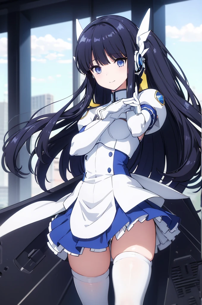 Mecha Wings、White and blue skirt、Accentuated thighs、White tights、chest、Beautiful black hair、1 girl、solo girl、Thick thighs、is、Frame Arms Girl、Alice Gere Aegis、White Armor、Blue and purple lines、income、headphone、hand on own chest、smile、idol costume、Shiba Miyuki