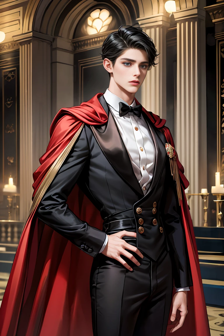 masterpiece, 最high quality, high quality, 1 boy, alone, Male focus, Watching the audience, Messy black hair, Adorable big blue eyes, White people, Noble, Noble,Sexy super volume and super long black and red cape、Tuxedo、A very voluminous, large, very large, very large, long, long red and black cape with a high stand-up collar, made of a lot of fabric that reaches down to the floor., 17 years old,Cute beautiful boys,Cute, cute, kind, handsome guy