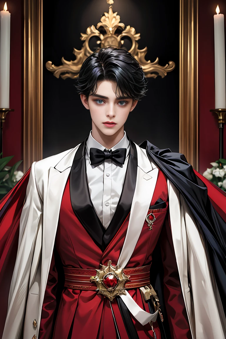 masterpiece, 最high quality, high quality, 1 boy, alone, Male focus, Watching the audience, Messy black hair, Adorable big blue eyes, White people, Noble, Noble,Sexy super volume and super long black and red cape、Tuxedo、A very voluminous, large, very large, very large, long, long red and black cape with a high stand-up collar, made of a lot of fabric that reaches down to the floor., 17 years old,Cute beautiful boys,Cute, cute, kind, handsome guy