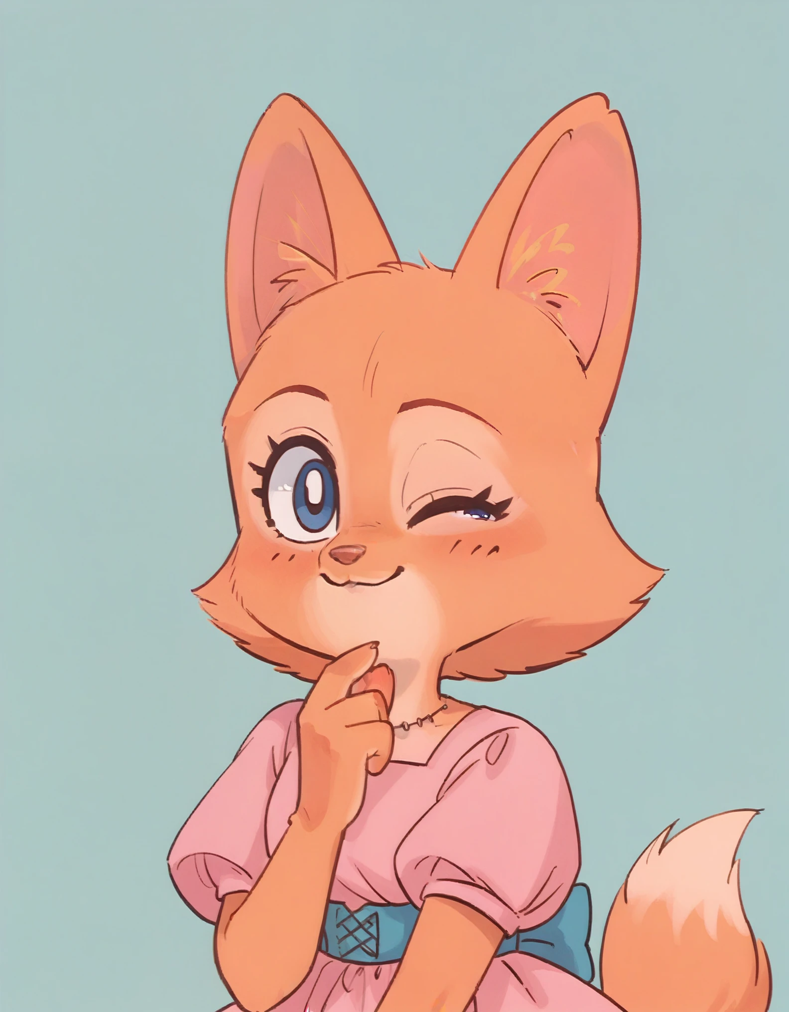 little fox, kid girlfox, yellow hair, ginger fur, blue eyes, cute kid, alone, face similar to Diane Foxington, kid , tied hair, pink dress, hair clips, sending, 1 eye closed