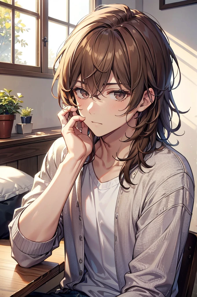 1.5, best quality, high quality, High definition, High quality texture, high detail, beautiful detailed, finely detailed, extremely detailed cg, detailed texture, 1man, boy, male, ((casual)), brown hair, shaggy hair, mullet, casual clothing, relaxed, mature