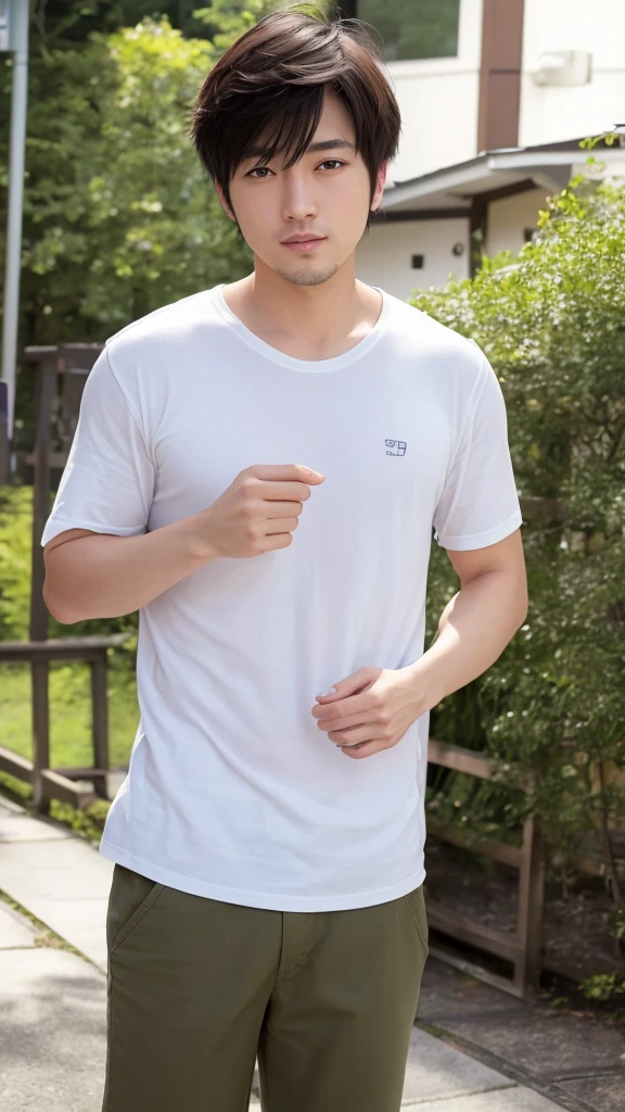 Japanese men、Around 30 years old、Plain white T-shirt、Ultra HD、Realistic