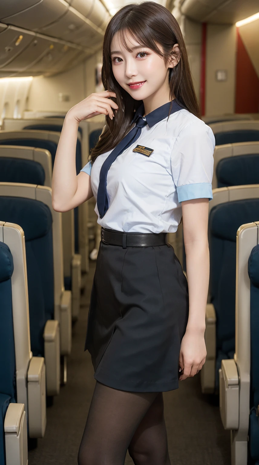 highest quality、8k、best image quality、Award-winning work), two beautiful women、1 women, radiant beautiful skin , masterpiece、top-quality、The ultra -The high-definition、depth of fields、lens flare 、brown hair, watching at viewers glares, medium breasts , cabin crew uniform, short skirt, (black high heels), perfect legs, model pose, view from below, smiling , flight cabin, pantyhose