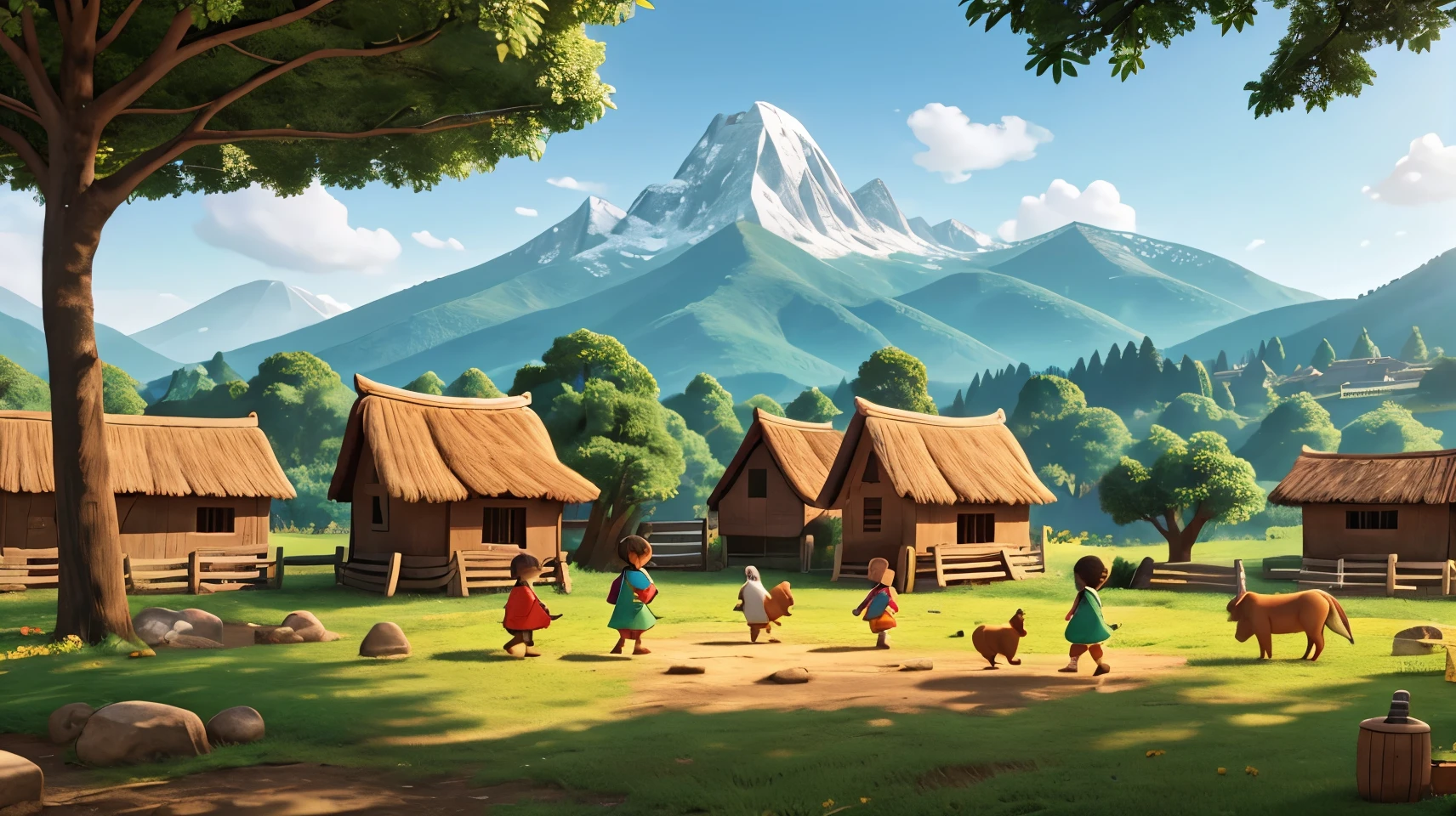 Village children and animals playing together、Various kinds of detailed animals、Village Outdoors、Surrounded by trees and mountains、Villager's 、((Detailed and clear face))、River near the village、Zoom photography