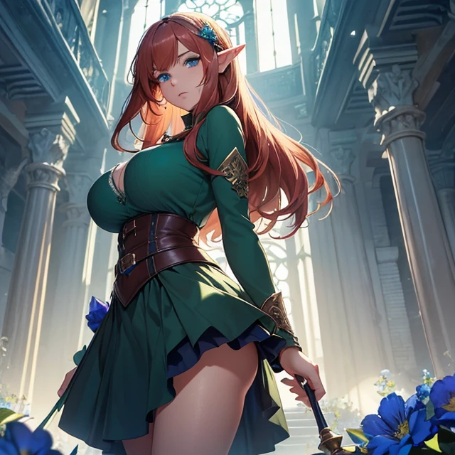 (masterpiece image, very detailed image, best high quality high definition image, carefully detailed textures and pixels, carefully detailed character and background, alone solo character)
{{1character: 700 years old red-haired elf milf citizen: (fair skin, dark-blue eyes, straight-hair, absolute beauty,  big breasts, voulptuous figure, huge butt, no sense of humor, always serious, intimidating), (black headband, blue flowers adornig the hair, green shirt, dark green skirt), (monday at the neighbourhood)}}