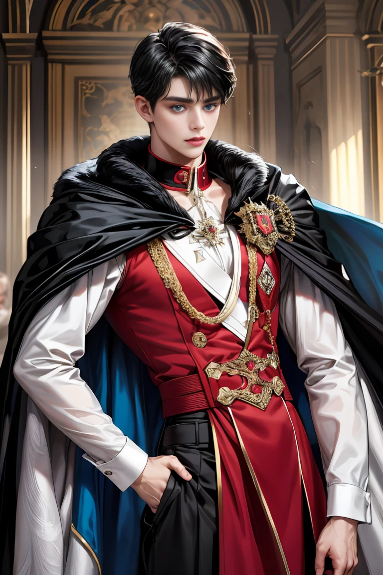 masterpiece, 最high quality, high quality, 1 boy, alone, Male focus, Watching the audience, Messy black hair, Adorable big blue eyes, White people, Noble, Noble,A sexy, voluminous, puffy cape、vampire、A very voluminous, large, very large, very large, long, long red and black cape with a high stand-up collar, made of a lot of fabric that reaches down to the floor., ,Cute beautiful boys,Cute, cute, kind, handsome guy