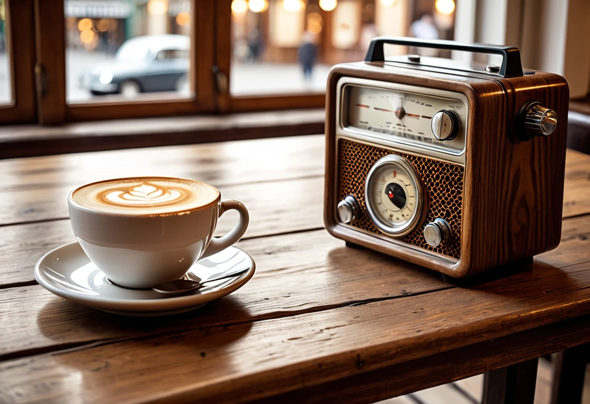 Generate a highly detailed and visually appealing photo of a cup of cappuccino and an antique radio placed on a wooden table. The cappuccino should be in a ceramic cup with intricate latte art on the frothy milk, steam rising gently from the cup. The antique radio should have a vintage design with dials, knobs, and a wooden exterior, showing signs of age and character. The wooden table is rustic, with visible grain and texture, adding to the cozy atmosphere. Soft, warm lighting from a nearby window casts gentle shadows, creating a nostalgic and inviting scene. The background should be softly blurred, perhaps hinting at a cozy café or a vintage-themed room, to keep the focus on the cappuccino and the radio. This photo should evoke a sense of comfort and nostalgia, capturing the charm of blending modern and vintage elements.
