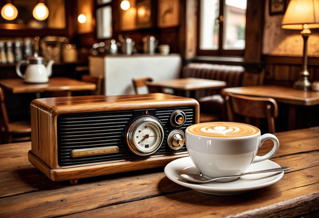 Generate a highly detailed and visually appealing photo of a cup of cappuccino and an antique radio placed on a wooden table. The cappuccino should be in a ceramic cup with intricate latte art on the frothy milk, steam rising gently from the cup. The antique radio should have a vintage design with dials, knobs, and a wooden exterior, showing signs of age and character. The wooden table is rustic, with visible grain and texture, adding to the cozy atmosphere. Soft, warm lighting from a nearby window casts gentle shadows, creating a nostalgic and inviting scene. The background should be softly blurred, perhaps hinting at a cozy café or a vintage-themed room, to keep the focus on the cappuccino and the radio. This photo should evoke a sense of comfort and nostalgia, capturing the charm of blending modern and vintage elements.