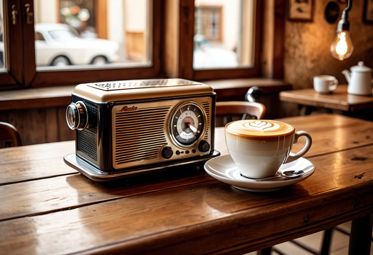 Generate a highly detailed and visually appealing photo of a cup of cappuccino and an antique radio placed on a wooden table. The cappuccino should be in a ceramic cup with intricate latte art on the frothy milk, steam rising gently from the cup. The antique radio should have a vintage design with dials, knobs, and a wooden exterior, showing signs of age and character. The wooden table is rustic, with visible grain and texture, adding to the cozy atmosphere. Soft, warm lighting from a nearby window casts gentle shadows, creating a nostalgic and inviting scene. The background should be softly blurred, perhaps hinting at a cozy café or a vintage-themed room, to keep the focus on the cappuccino and the radio. This photo should evoke a sense of comfort and nostalgia, capturing the charm of blending modern and vintage elements.