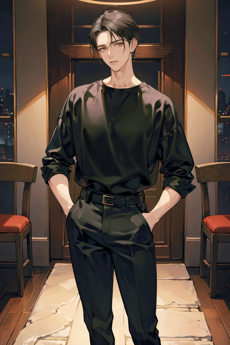 (masterpiece), best quality, seductive eyes, perfect face, handsome man, brown eyes, long slicked back black hair, long nose, brown skin, plain black t-shirt, black fitted pants, extremely tall man, long legs, long calves, full body, tall man, long legs, anime cover, 1boy, ear piercings, hands in pockets, adult-like look