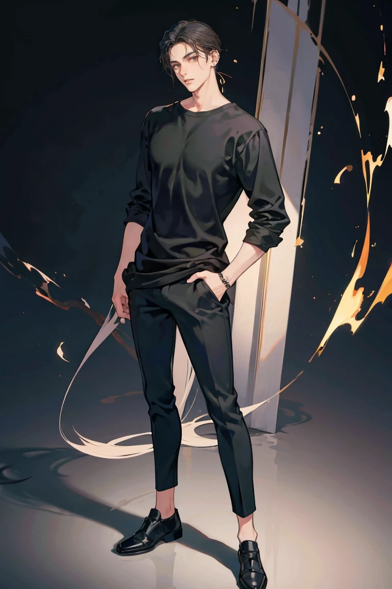 (masterpiece), best quality, seductive eyes, perfect face, handsome man, brown eyes, long slicked back black hair, long nose, brown skin, plain black t-shirt, black fitted pants, extremely tall man, long legs, long calves, full body, tall man, long legs, anime cover, 1boy, ear piercings, hands in pockets, adult-like look