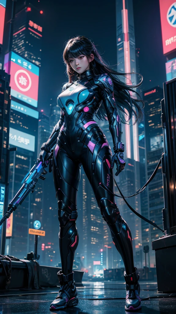 "Imagine a Korean girl standing in a bustling, neon-lit future cityscape, her sleek and advanced combat suit reflecting the vibrant lights around her. In her hand, she holds a futuristic weapon—a high-tech plasma rifle with glowing blue accents and intricate circuitry. Her determined expression reveals her readiness for battle as she navigates the urban jungle, filled with towering skyscrapers, flying vehicles, and holographic advertisements. Visualize her in mid-action, poised to take on any challenge in this high-tech world, blending traditional Korean elegance with cutting-edge technology." Without vulgarity