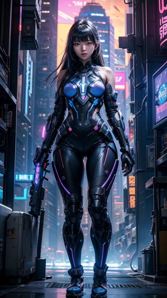 "Imagine a Korean girl standing in a bustling, neon-lit future cityscape, her sleek and advanced combat suit reflecting the vibrant lights around her. In her hand, she holds a futuristic weapon—a high-tech plasma rifle with glowing blue accents and intricate circuitry. Her determined expression reveals her readiness for battle as she navigates the urban jungle, filled with towering skyscrapers, flying vehicles, and holographic advertisements. Visualize her in mid-action, poised to take on any challenge in this high-tech world, blending traditional Korean elegance with cutting-edge technology." Without vulgarity