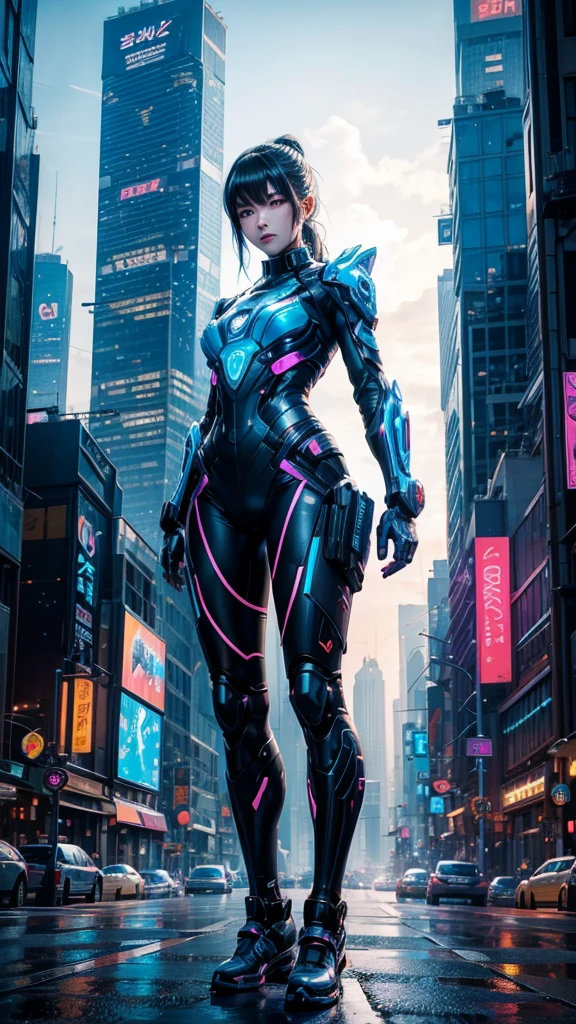 "Imagine a Korean girl standing in a bustling, neon-lit future cityscape, her sleek and advanced combat suit reflecting the vibrant lights around her. In her hand, she holds a futuristic weapon—a high-tech plasma rifle with glowing blue accents and intricate circuitry. Her determined expression reveals her readiness for battle as she navigates the urban jungle, filled with towering skyscrapers, flying vehicles, and holographic advertisements. Visualize her in mid-action, poised to take on any challenge in this high-tech world, blending traditional Korean elegance with cutting-edge technology." Without vulgarity