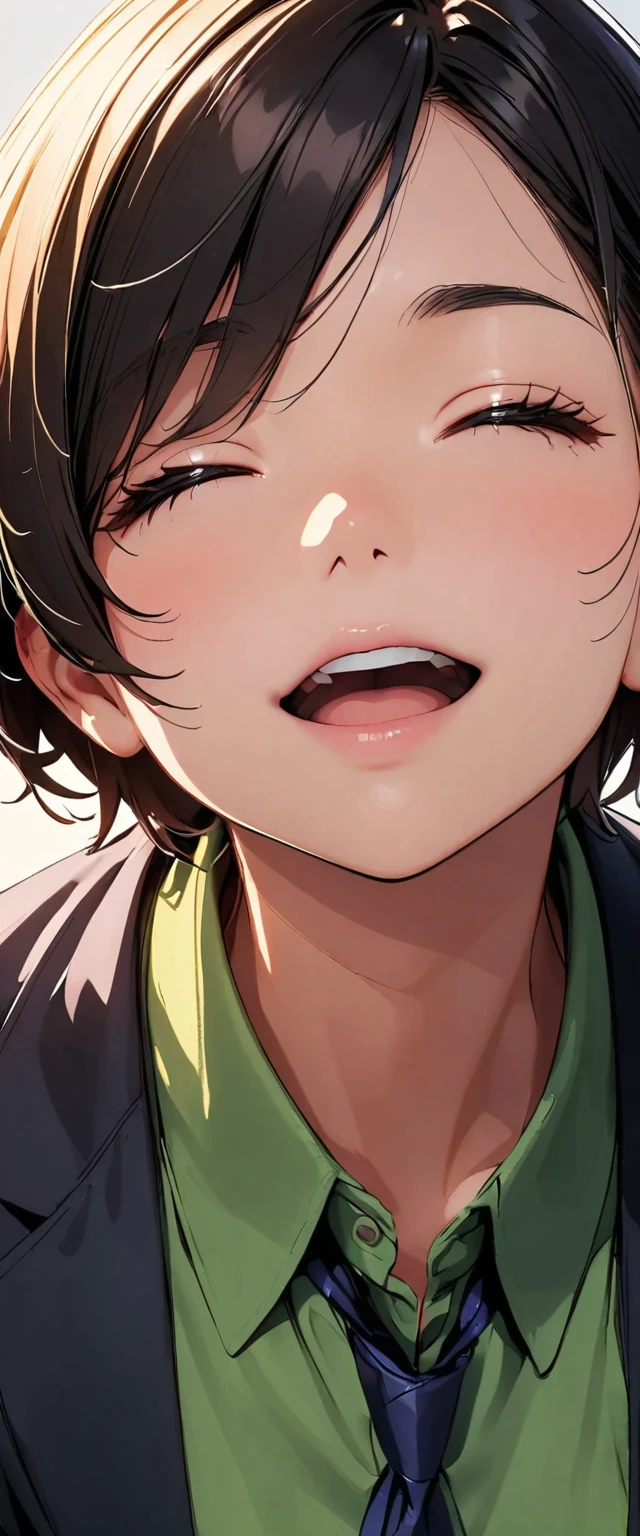 close-up, face, open mouth, looking up, closed eyes, short hair,sitting, simple background