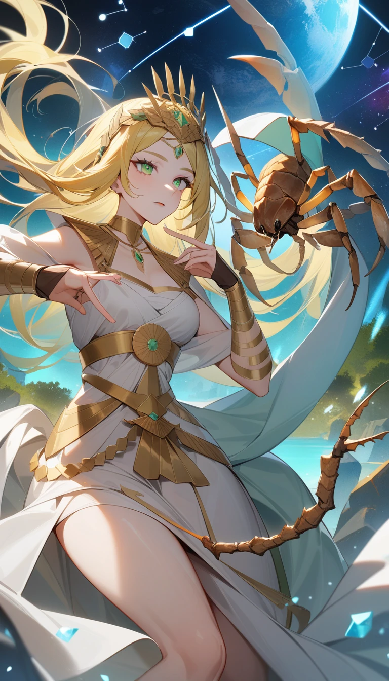 （Huang Li、high quality、Extremely detailed），Constellation - Scorpio Goddess，Huge scorpion，Woman stroking a scorpion，Similar to Latin goodness，brave，capricious，Productivity，The face of enterprising and humanitarianism，Long yellow hair，Ancient Greek costumes、Wrap Dress，Conservative clothing，The background is the universe，Crystal green eyes（Eyes Details），Powerful appearance, Correct anatomy