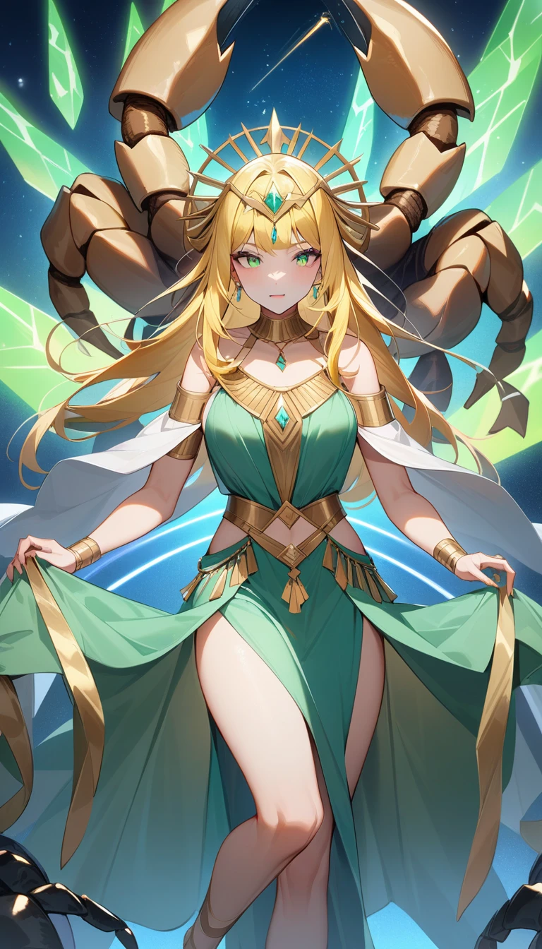 （Huang Li、high quality、Extremely detailed），Constellation - Scorpio Goddess，Huge scorpion，Woman stroking a scorpion，Similar to Latin goodness，brave，capricious，Productivity，The face of enterprising and humanitarianism，Long yellow hair，Ancient Greek costumes、Wrap Dress，Conservative clothing，The background is the universe，Crystal green eyes（Eyes Details），Powerful appearance, Correct anatomy