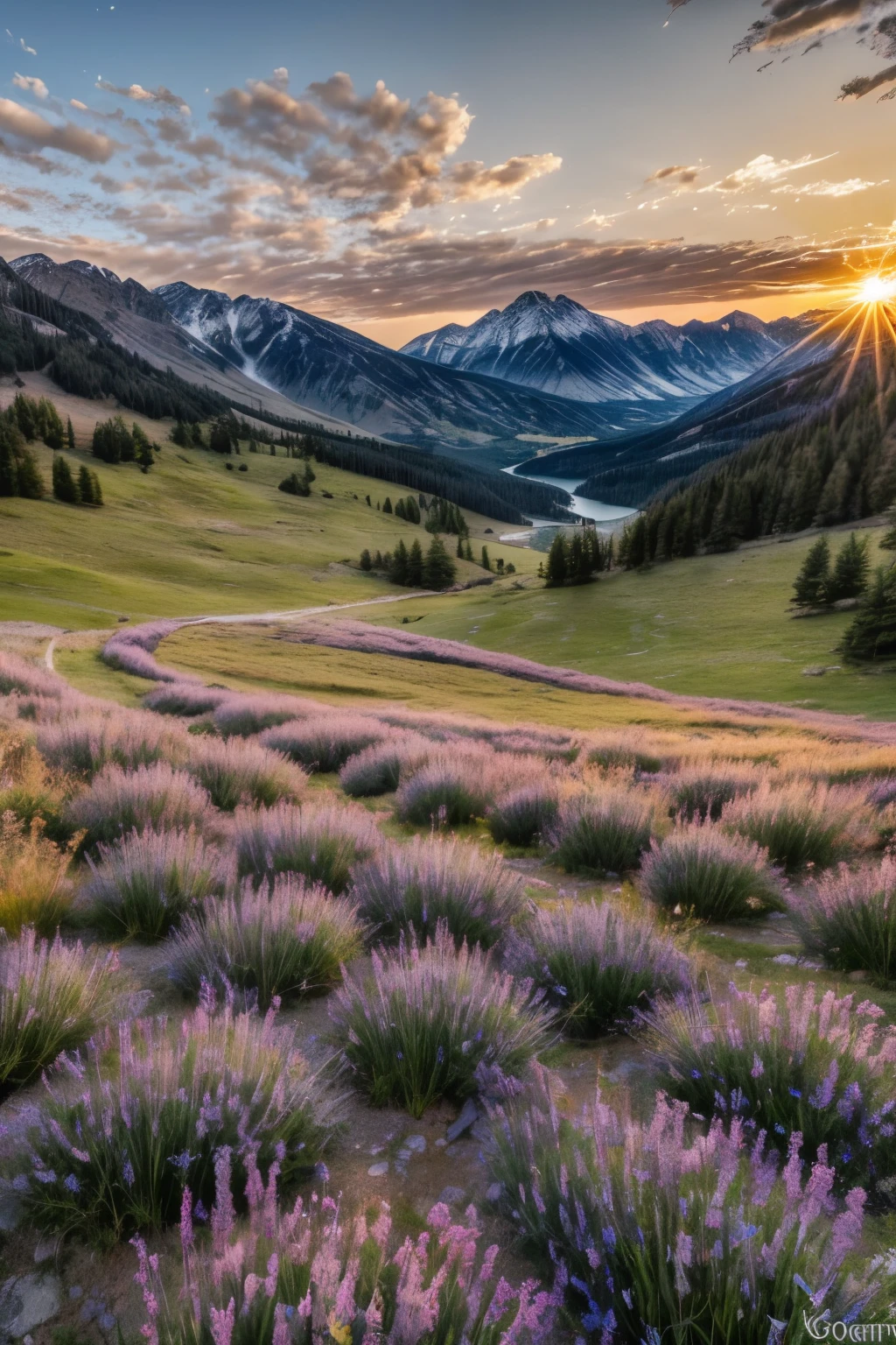 Picture a serene meadow, nestled in the gentle embrace of rolling hills, painted with soft, lush greens. The sky above transitions from a deep indigo canvas to the gentle blush of dawn, serving as a backdrop for the scene. The rising sun casts a warm, golden glow upon the landscape, illuminating the landscape with its early morning light.

Majestic mountains rise in the background, their peaks dusted with the last remnants of snow, glowing faintly pink and lavender in the sunrise. A crystal-clear river winds its way through the meadow, its waters reflecting the sky's colors and shimmering with hints of blue and gold.
