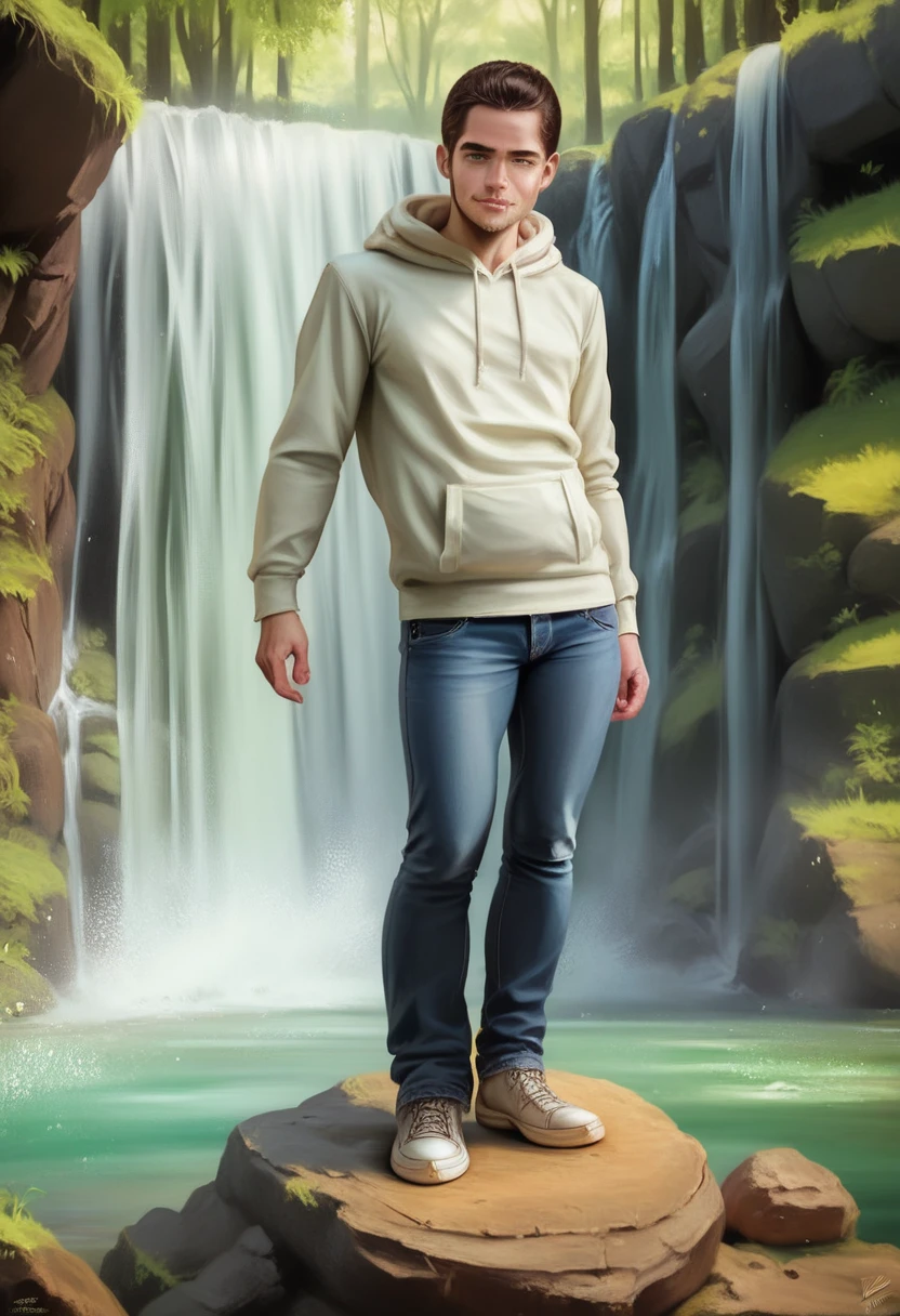 a handsome indonesian man, white short-sleeved hoodie, long black jeans, standing on large rock, relaxing under waterfall cliff, green forest waterfall background, detailed facial features, realistic skin texture, detailed clothing folds, realistic water simulation, dramatic lighting, high contrast, cinematic composition, photorealistic, (best quality,4k,8k,highres,masterpiece:1.2),ultra-detailed,(realistic,photorealistic,photo-realistic:1.37),HDR,UHD,studio lighting,ultra-fine painting,sharp focus,physically-based rendering,extreme detail description,professional,vivid colo