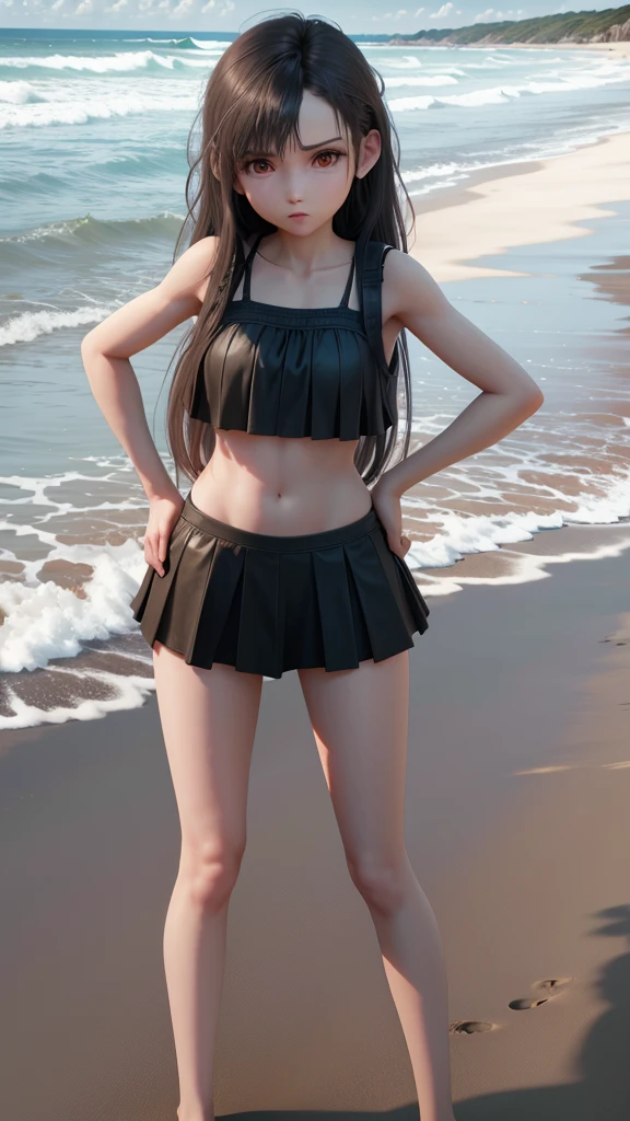 Young girl stands with legs wide apart on the beach