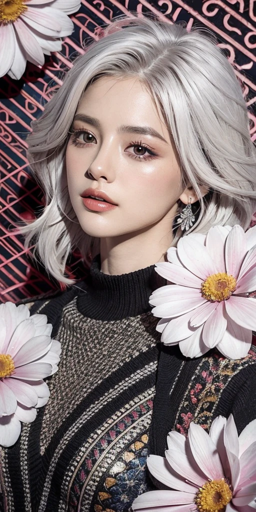 (ultra-detailed background, detailed background), absurdres, highres, ultra detailed, extremly detailed, 1girl, arlecchino, genshin impact, striped white hair, purple eyes, (bunch of flowers:1.3), (zentangle:1.2), (geometric:1.2),(colorful),